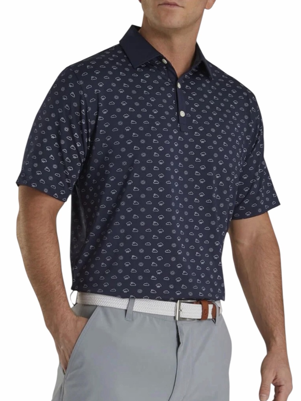 FootJoy Lisle Weather Print Golf Polo Shirt Men's Size M Navy Blue Preppy Casual